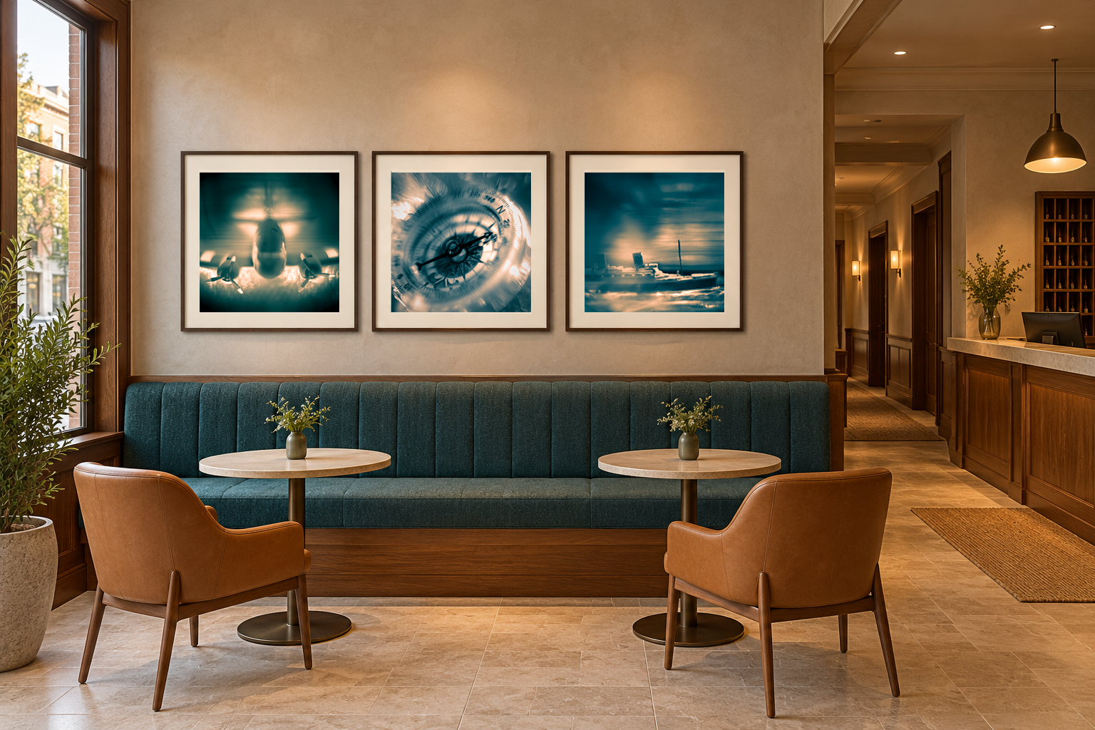 Photographs of an airplane, compass and ocean liner in a warm hotel lounge.