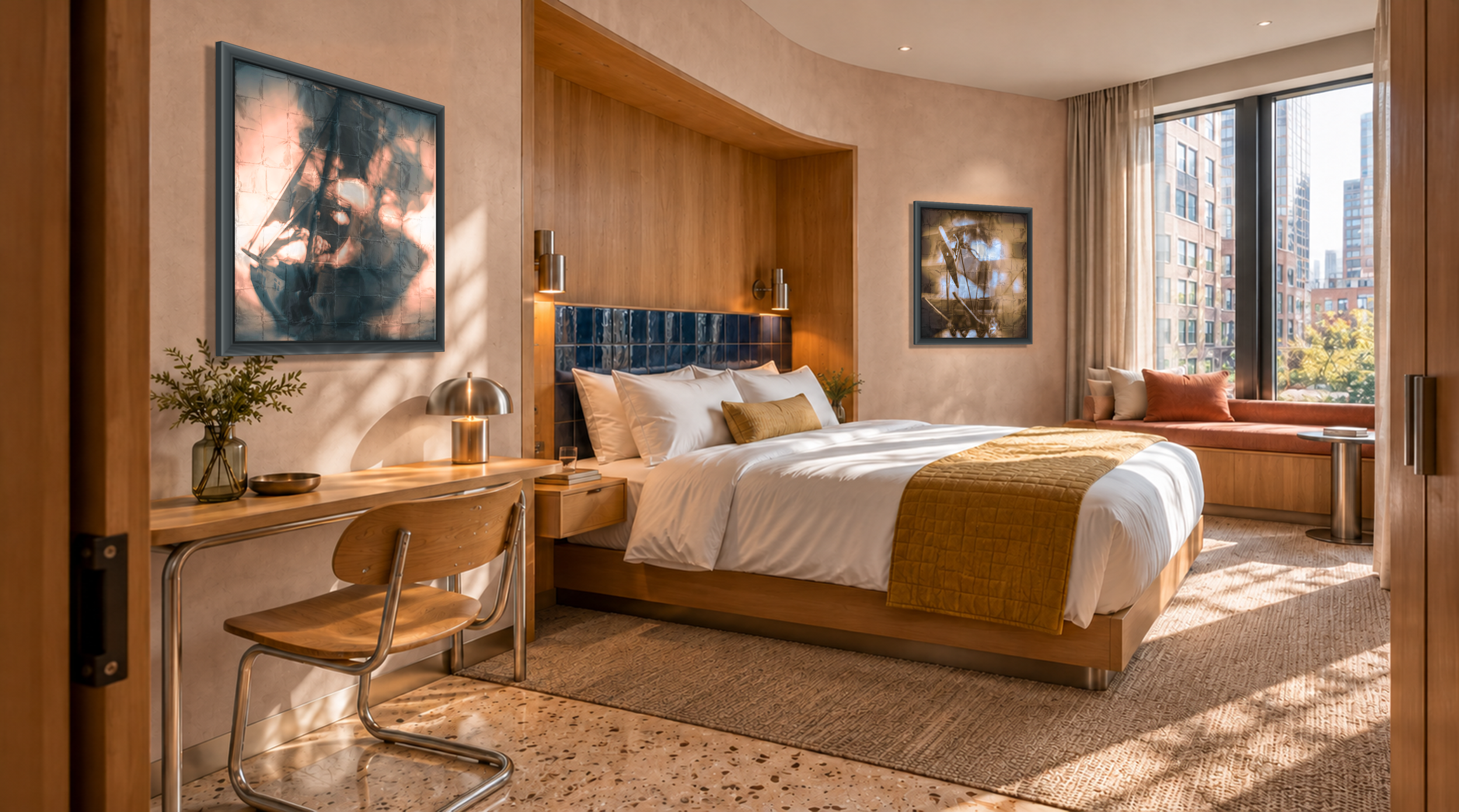 Adventure photographs displayed in a contemporary hotel guest room.