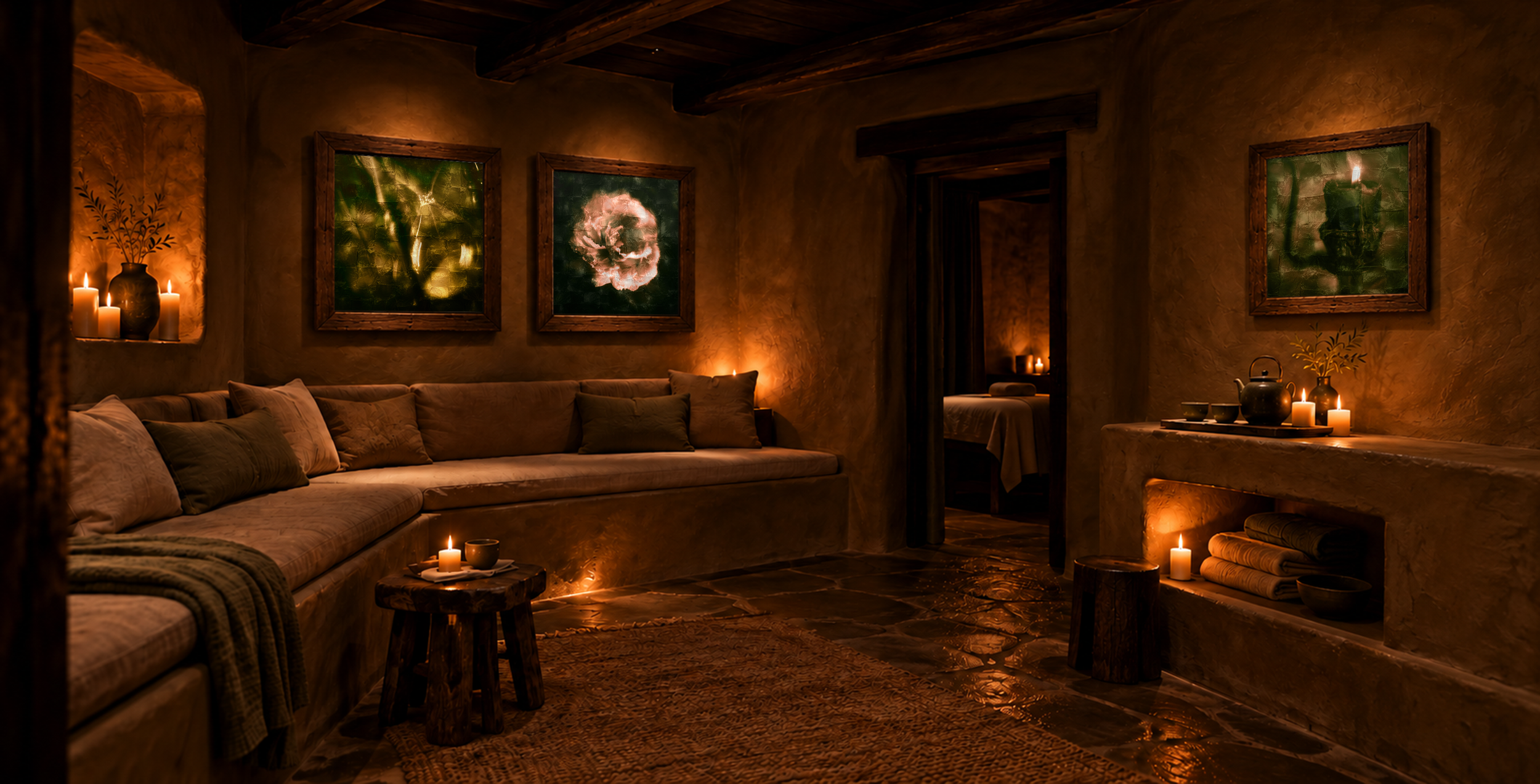 A warmly lit Sedona spa with luminous photographs by Mark Robert Halper.