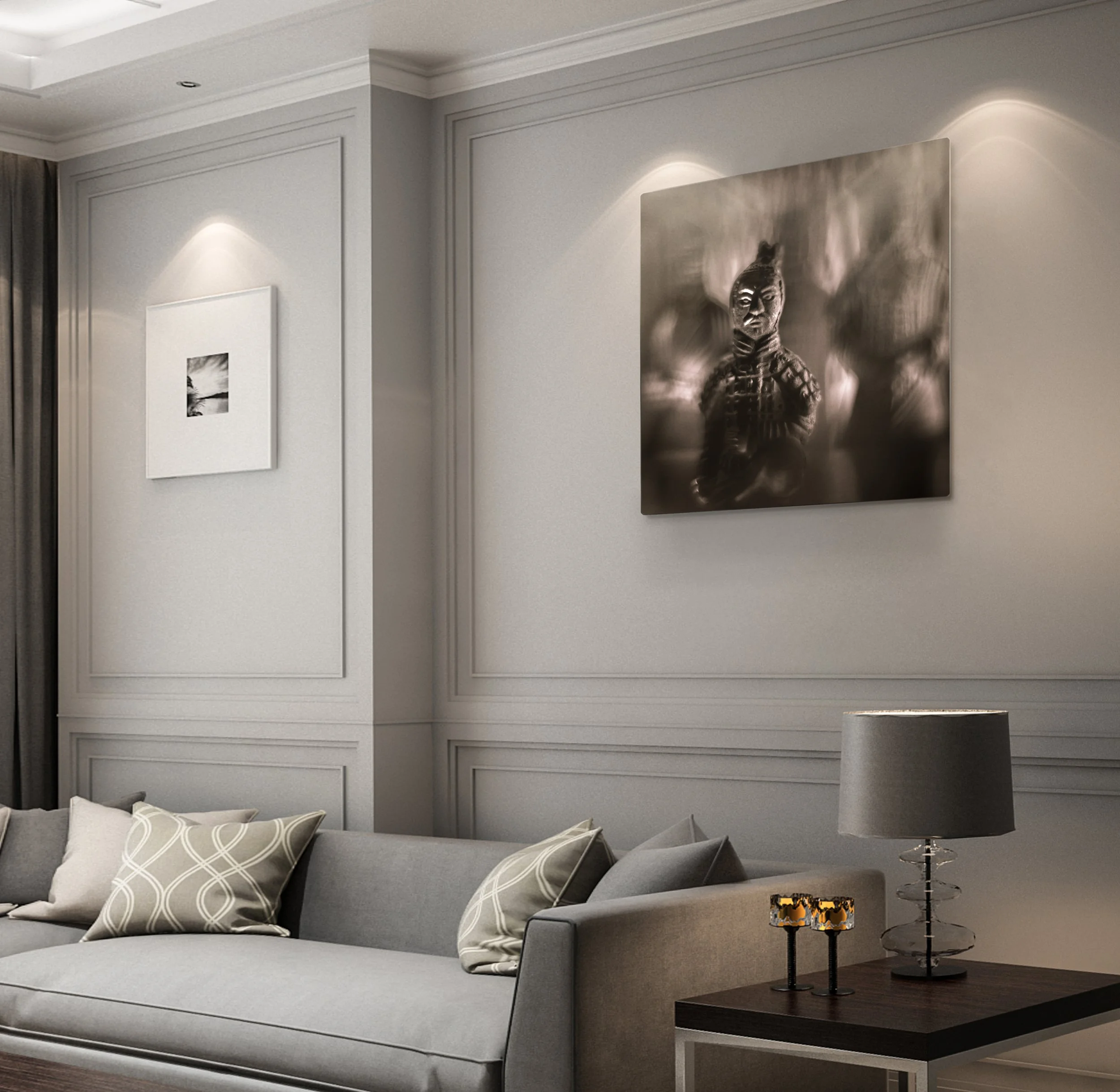 Mark Robert Halper’s terracotta warrior artwork displayed above a sofa in a softly lit room.