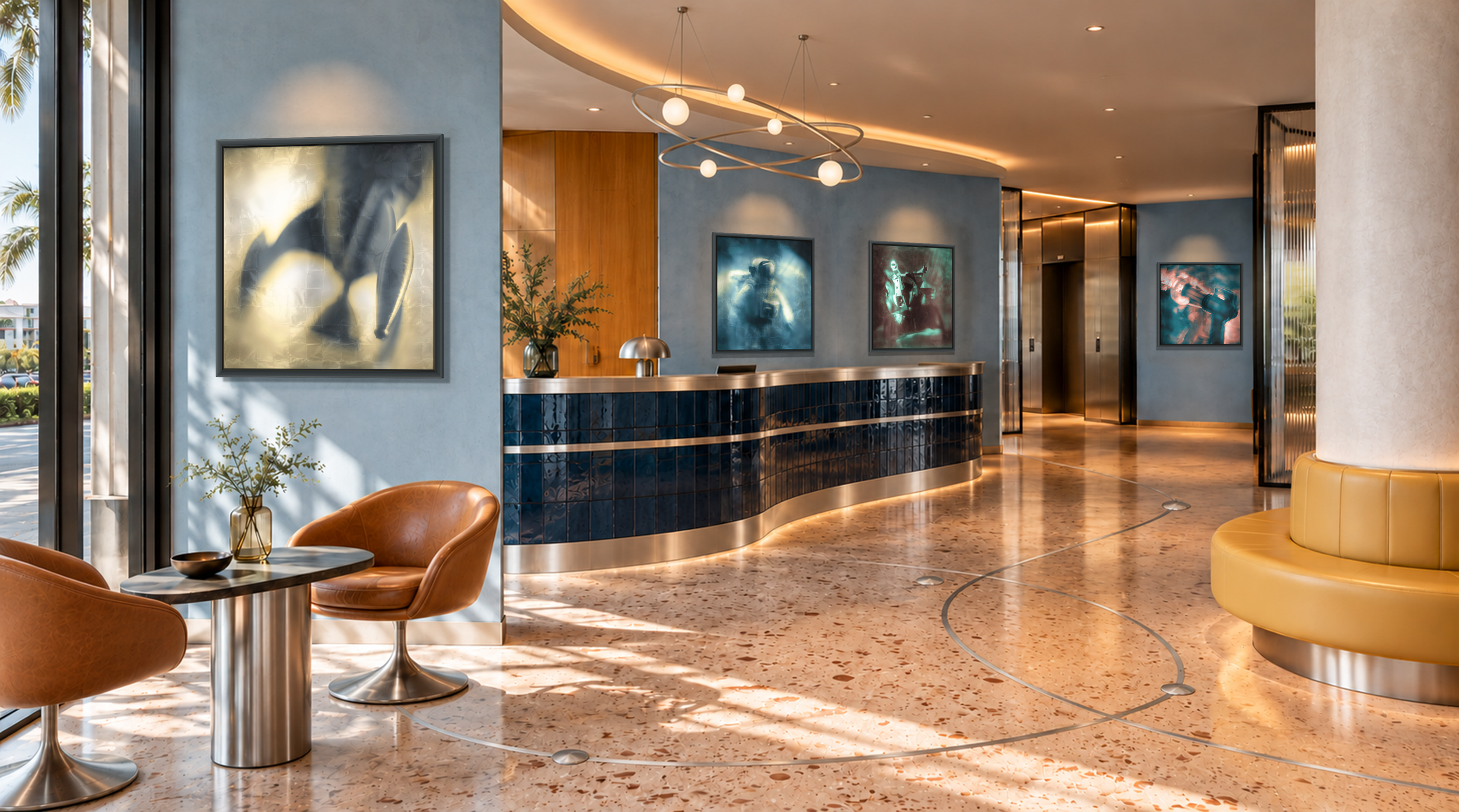 Adventure photographs displayed in a Cape Canaveral hotel lobby.
