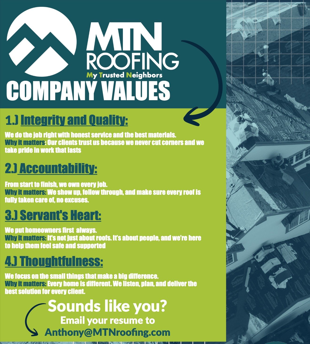 🏔️ At MTN Roofing, our values aren't just words, they're how we do business.
✅ Integrity &amp; Quality
✅ Accountability
✅ Servant&rsquo;s Heart
✅ Thoughtfulness
If you're all about doing things the right way and helping people feel at home again aft