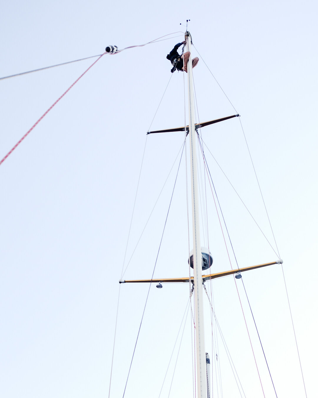 After a blustery but beautiful sail around the west end of Santa Cruz Island we go to drop the jib to find the halyard jammed at the masthead. After pulling into Frys Harbor to hide from the 30 knots of breeze funneling down the Santa Barbara Channel