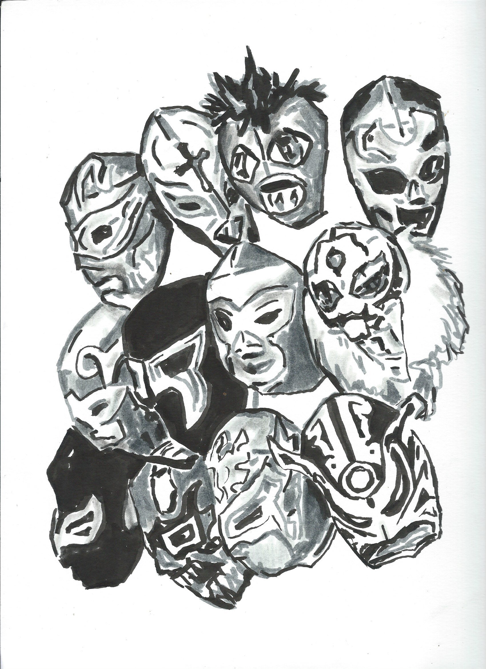 Masks 1. 12x9in artist markers on paper. 2018. $150.jpeg