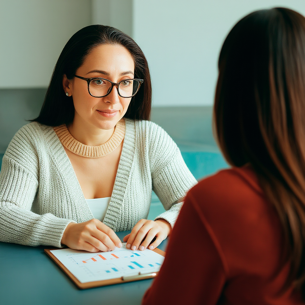 Two women sitting at a table having a discussion, with one woman looking at the other. The woman facing the camera wears glasses, a beige sweater, and has a clipboard with charts in front of her.
