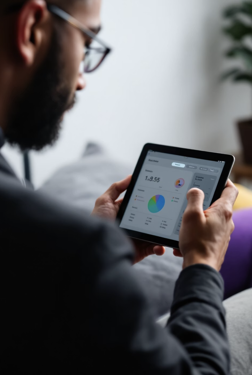A man with glasses and a beard using a tablet displaying financial charts and graphs.