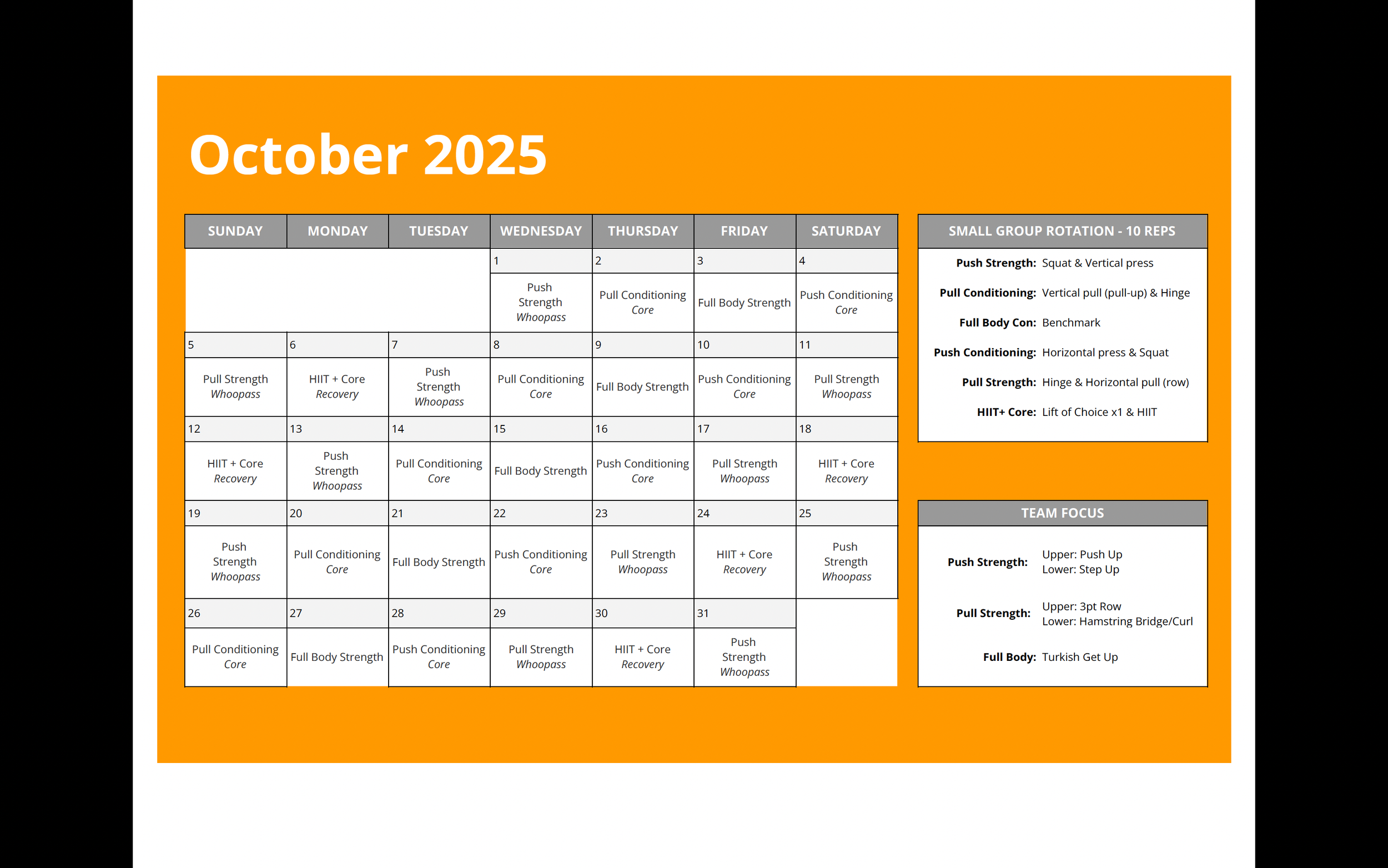 October 2025 fitness workout calendar with daily activities and two side boxes for small group rotation and team focus exercises.