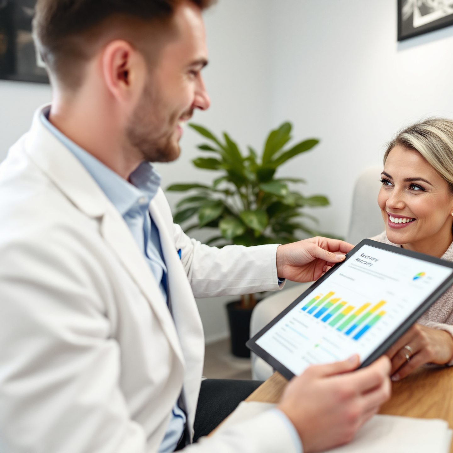 A smiling female patient looking at a male healthcare professional who is showing her a tablet displaying a bar graph for activity recovery, in a clinical setting.