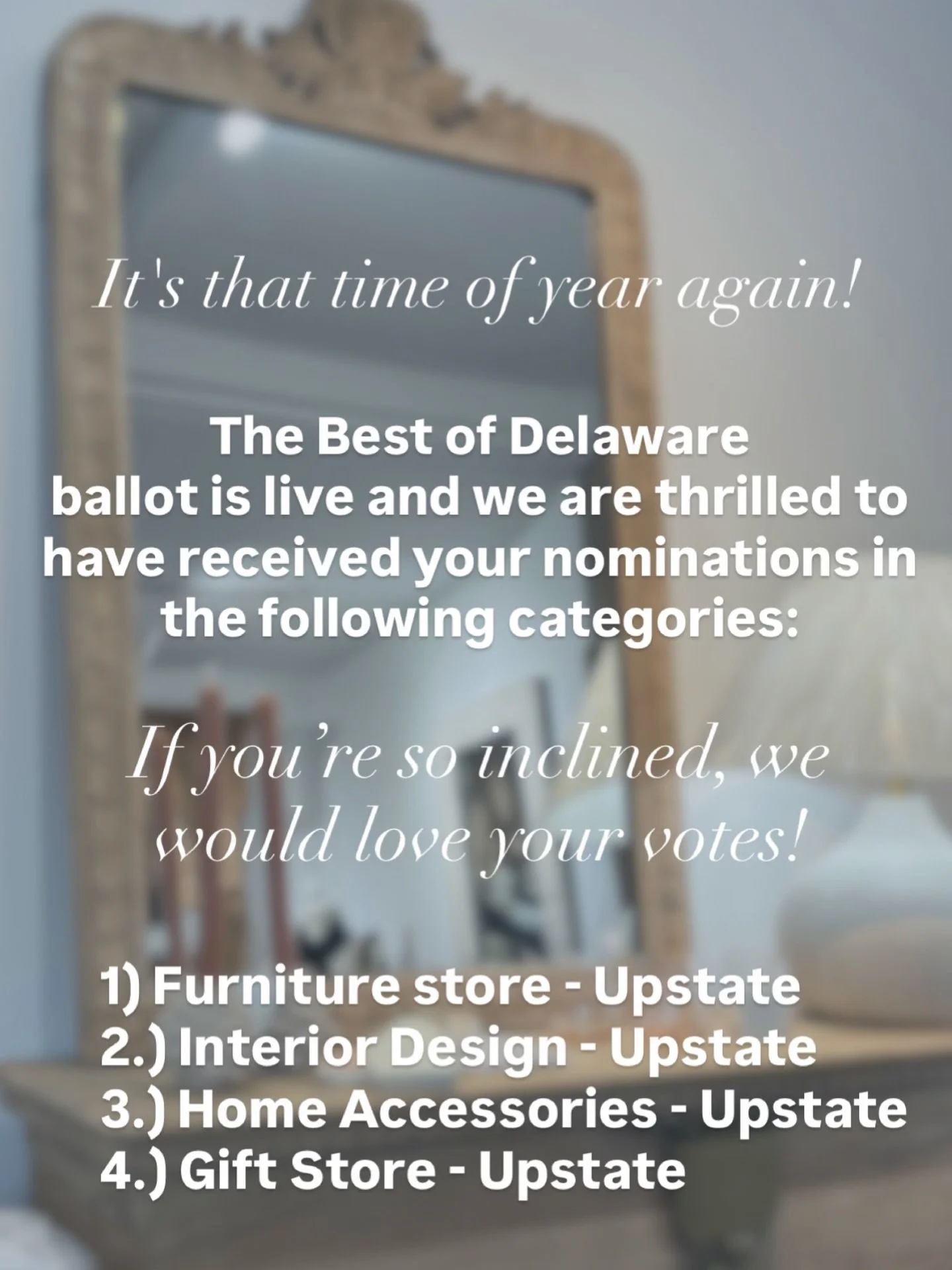 We are honored to have received your nominations in several categories for the Best of Delaware @delawaretodaymagazine. If you feel so inclined, we would love your votes! Voting ends on Friday, February 27th at 5 PM.