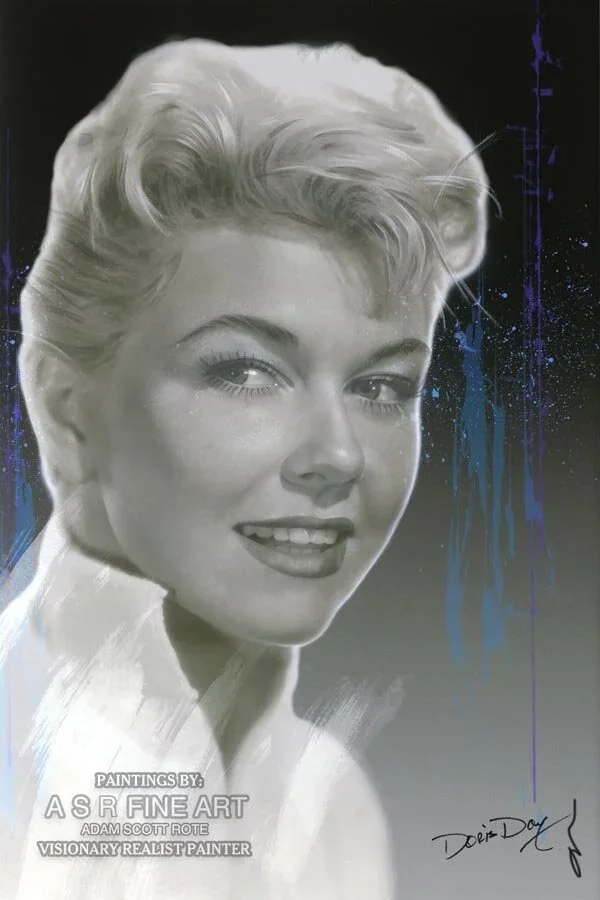  Hitchcock Doris Day Painting  
Original Art on canvas executed with Airbrush, Acrylic and Ink 
Unique with Swarovski Crystals, Diamond Dust finish, and Hollywood Sign Metal 
 Unique Starting at: $13,500  
 Original  Co-Signed By Doris Day: $65,500 S