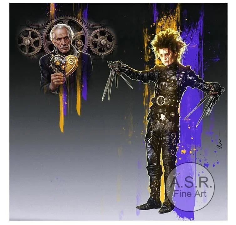  Johnny Depp Edward Scissorhands  
Original Art on canvas executed with Airbrush, Acrylic and Ink 
Unique with embellishments, Diamond Dust finish 
 Hollywood Sign Metal DNA Starting at: $5,995  
 Original Painting Co-signed by Johnny Depp: $65,000 