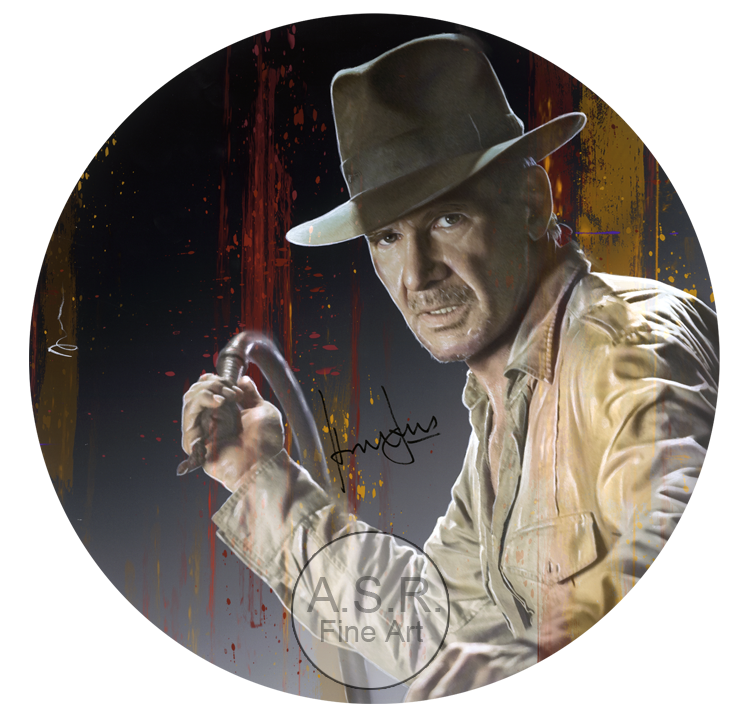  Harrison Ford Indiana Jones  
Original Art on canvas executed with Airbrush, Acrylic and Ink 
Unique with embellishments, Diamond Dust finish 
 Hollywood Sign Metal DNA Starting at:  $5,995  
 Original Painting Co-signed by Harrison Ford: $65,000 SO
