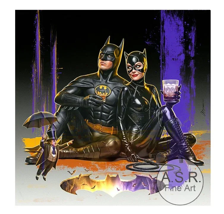  Batman Returns  
Original Art on canvas executed with Airbrush, Acrylic and Ink 
Unique with embellishments, Diamond Dust finish 
 Hollywood Sign Metal DNA Starting at: $5,995  
 Original Painting Co-signed by Michael Keaton: $65,500 