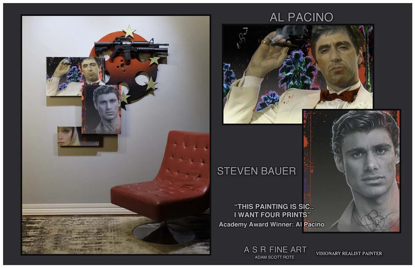  Scarface Art Installation  
Original Art on canvas executed with Airbrush, Acrylic and Ink 
Unique with embellishments, Diamond Dust finish and Hollywood Sign Metal 
 Unique Starting at:  $29,500  
 Original  Scarface Co-Signed By Al Pacino: $65,000
