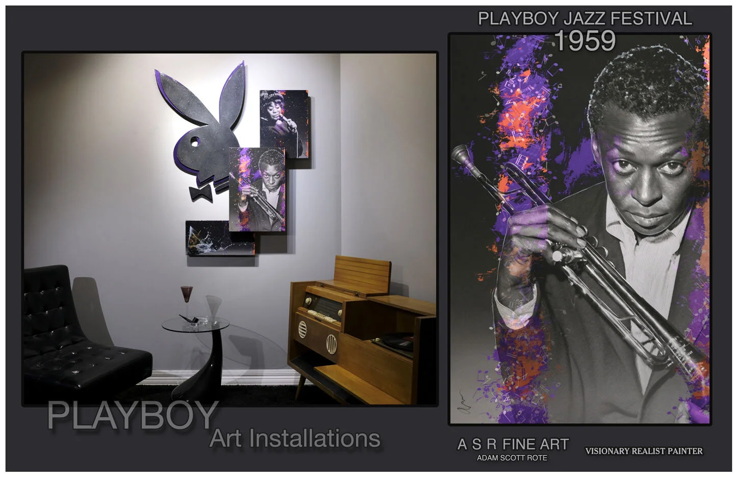  Playboy 1959 Jazz Installation  
Original Art on canvas executed with Airbrush, Acrylic and Ink 
Unique with embellishments and diamond dust finish 
Hugh Hefner Authenticated  Signature Plaque 
 Unique Starting at:  $5,995  
 Original  Miles and Ell