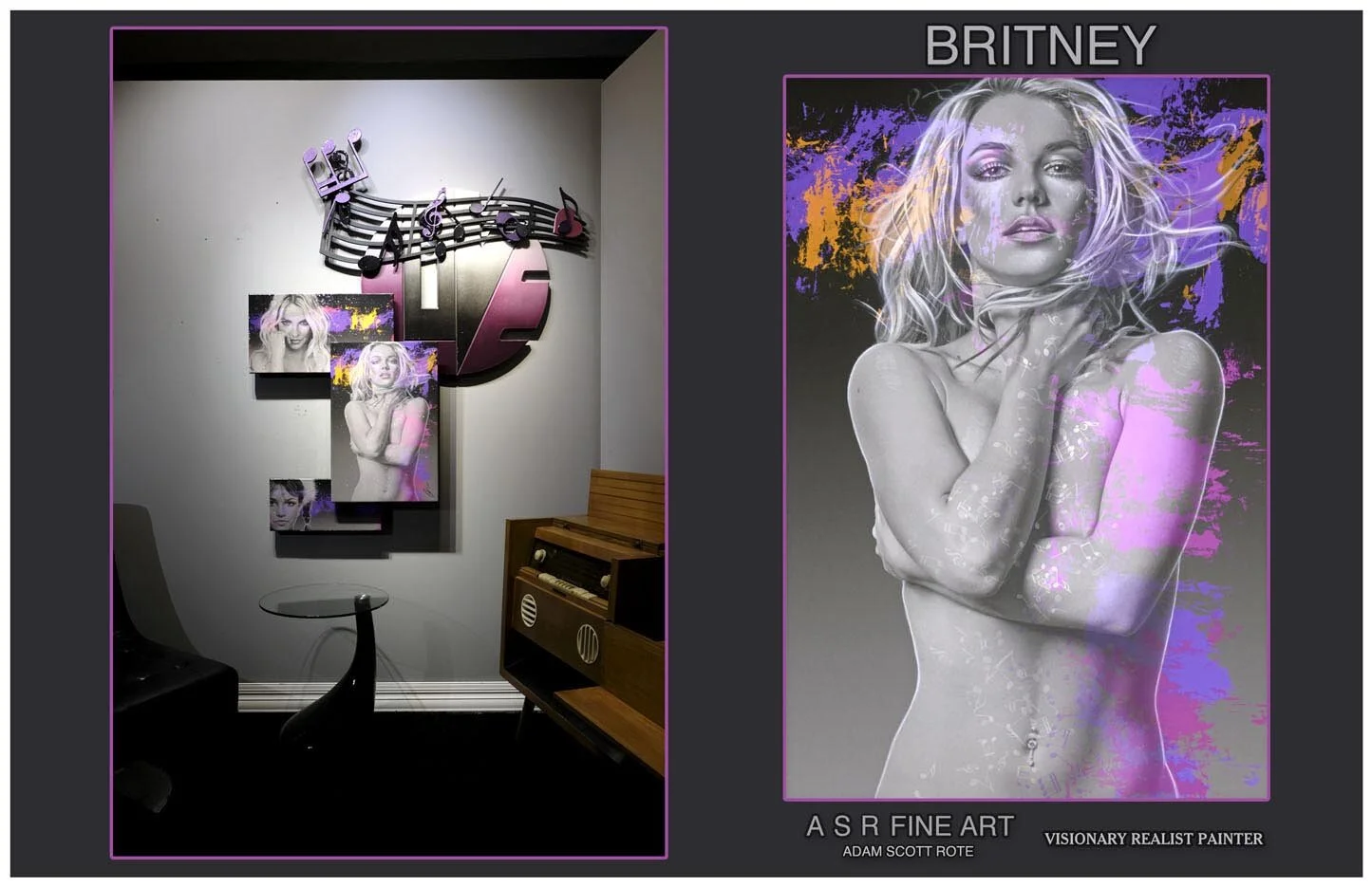  Britney Spears Love Installation  
Original Art on canvas executed with Airbrush, Acrylic and Ink 
Unique with embellishments and diamond dust finish 
Britney Spears Professional Authenticated  Signature Plaque 
 Unique Starting at:  $9,500  
 Origi