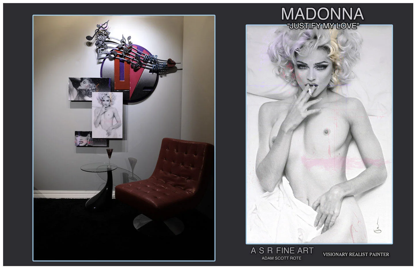  Madonna Love Installation  
Original Art on canvas executed with Airbrush, Acrylic and Ink 
Unique with embellishments and diamond dust finish 
Madonna Professional Authenticated  Signature Plaque 
 Unique Starting at:  $9,500  
 Original Madonna AV