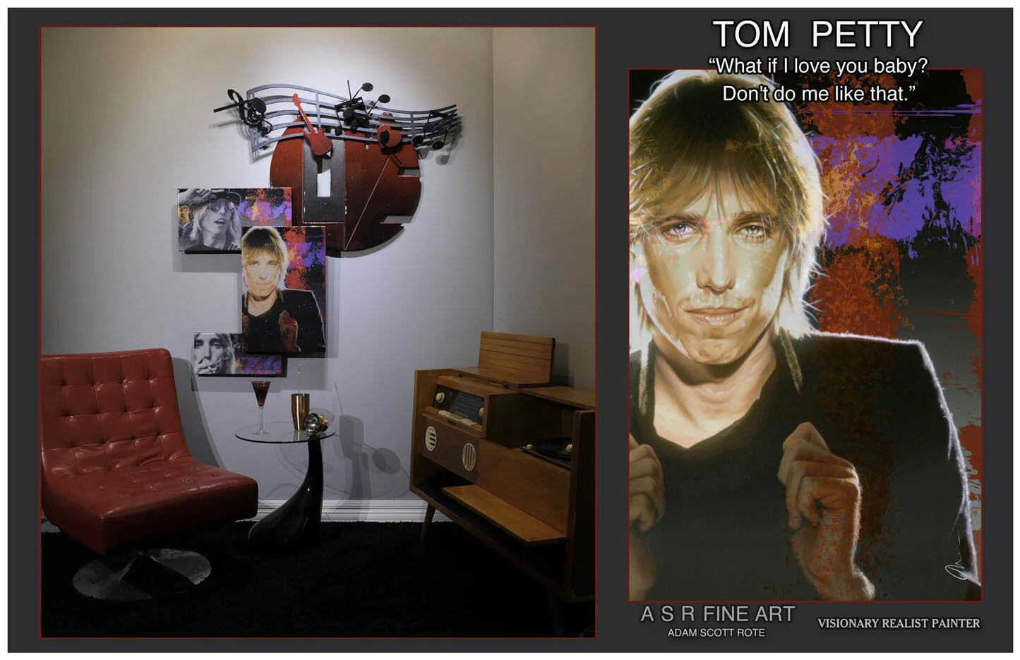  Tom Petty Love Installation  
Original Art on canvas executed with Airbrush, Acrylic and Ink 
Unique with embellishments and diamond dust finish 
Tom Petty Professional Authenticated  Signature Plaque 
 Unique Starting at:  $9,500  
 Original Tom Pe
