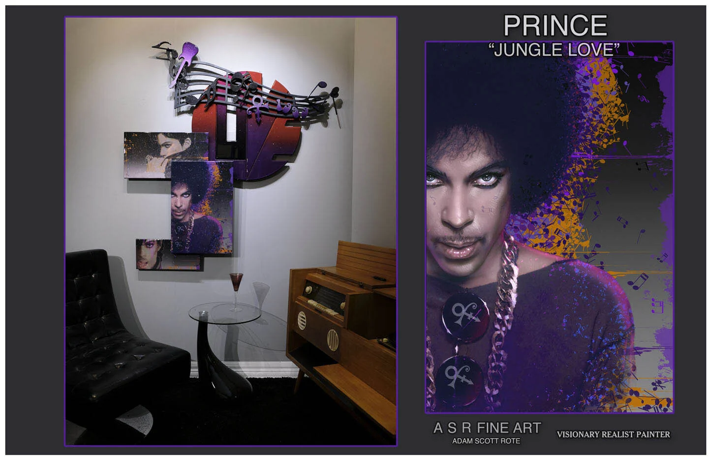  Prince  Love Installation  
Original Art on canvas executed with Airbrush, Acrylic and Ink 
Unique with embellishments and diamond dust finish 
Original painting on select canvas panel 
 Unique Starting at:  $9,500  
 Original  AVAILABLE 
