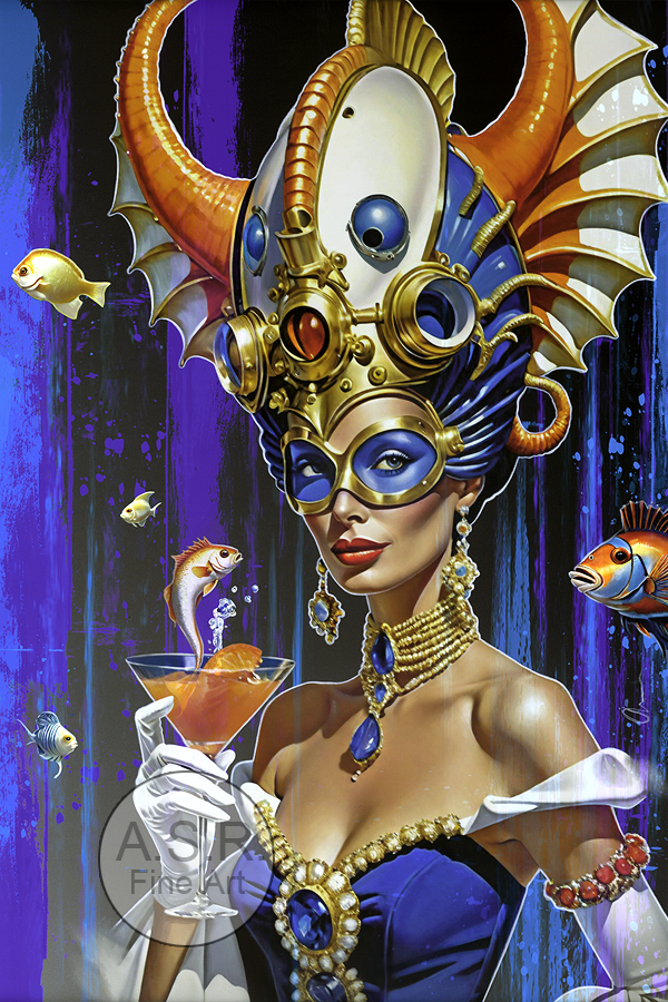  PISCES Life’s A Masquerade  
Original Art on canvas executed with Airbrush, Acrylic and Ink 
Unique with embellishments, Diamond Dust finish Swarovski Crystals 
 Unique Starting at: $3,895  
 Limited Edition 16”x 24” Framed: $1,995  
 Original $38,5