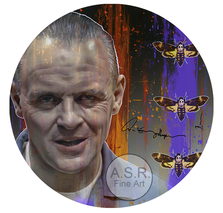 Sir Anthony Hopkins Hannibal Lecter  
Original Art on canvas executed with Airbrush, Acrylic and Ink 
Unique with embellishments, Diamond Dust finish 
 Hollywood Sign Metal DNA/Unique Starting at: $5,995  
 Original Painting Co-signed by Sir Anthony
