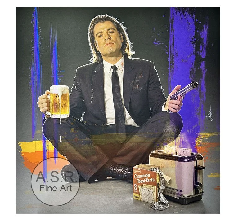  John Travolta Pulp Fiction  
Original Art on canvas executed with Airbrush, Acrylic and Ink 
 25”x 25” Painting Framed With Hollywood Metal: $65,000 [Original: Available]  
 25” x 25” Co-signed Framed With Hollywood Metal: $26,000  
 20” x 20” Lmtd.