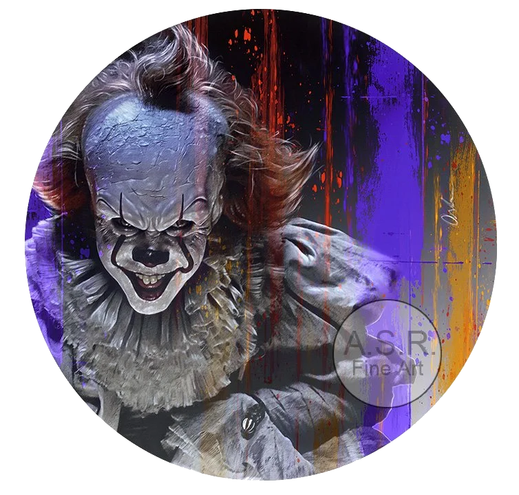  Bill Skarsgard Pennywise  
Original Art on canvas executed with Airbrush, Acrylic and Ink 
Unique with embellishments, Diamond Dust finish 
 Hollywood Sign Metal DNA Starting at: $5,995  
 Original Painting: $65,000 SOLD 