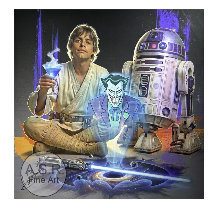  Mark Hamill BatWars?  
Original Art on canvas executed with Airbrush, Acrylic and Ink 
 25”x 25” Painting Framed With Hollywood Metal: $65,000 [Original: Available]  
 25” x 25” Co-signed Framed With Hollywood Metal: $26,000  
