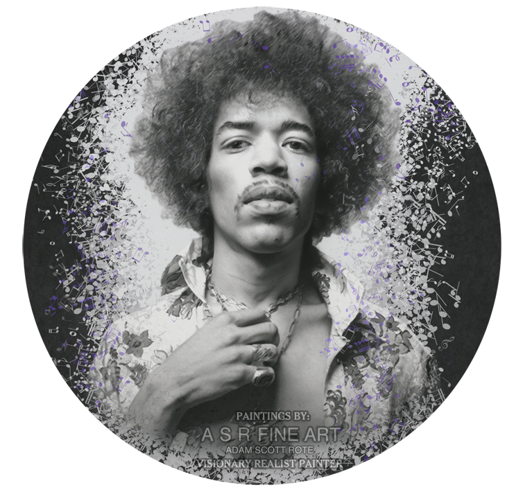  JIMI HENDRIX ROUND UNIQUE ART  
Original art on canvas executed with airbrush, acrylic, and ink 
Unique with embellishments and diamond dust finish 
 Unique Starting @ $2995  
 Original Painting Available 
