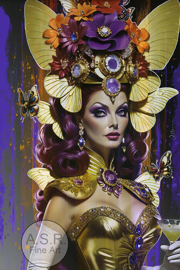  Priscilla Presley Morpho Masquerade  
Original Art on canvas executed with Airbrush, Acrylic and Ink 
Unique with embellishments, Diamond Dust finish Swarovski Crystals 
 Unique Starting at: $3,895  
 Limited Edition 16”x 24” Framed: $1,995  
 Origi