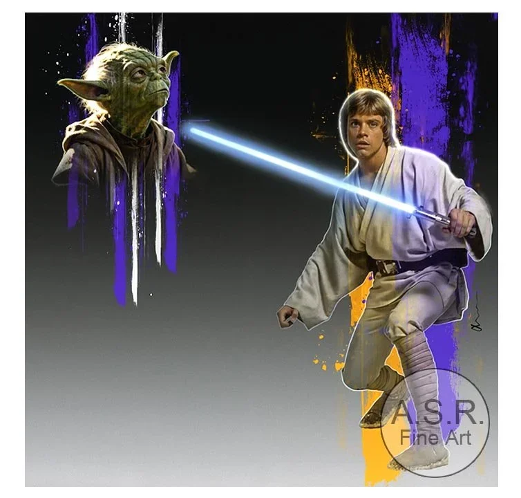  Mark Hamill Luke Skywalker  
Original Art on canvas executed with Airbrush, Acrylic and Ink 
Unique with embellishments, Diamond Dust finish 
 Hollywood Sign Metal DNA Starting at: $5,995  
 Original Painting: $65,000 SOLD 
