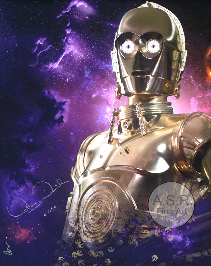  Anthony Daniels Star Wars C3PO  
Original Art on canvas executed with Airbrush, Acrylic and Ink 
Unique with embellishments, Diamond Dust finish 
 Hollywood Sign Metal DNA Starting at: $5,995  
 Original Co-signed by Anthony Daniels: $65,000 