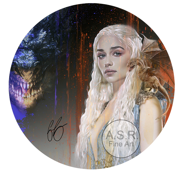  Game Of Thrones Emilia Clarke  
Original Art on canvas executed with Airbrush, Acrylic and Ink 
Unique with embellishments, Diamond Dust finish 
 Hollywood Sign Metal DNA/Unique Starting at: $5,995  
 Original Painting Co-signed by Emilia Clarke: $6