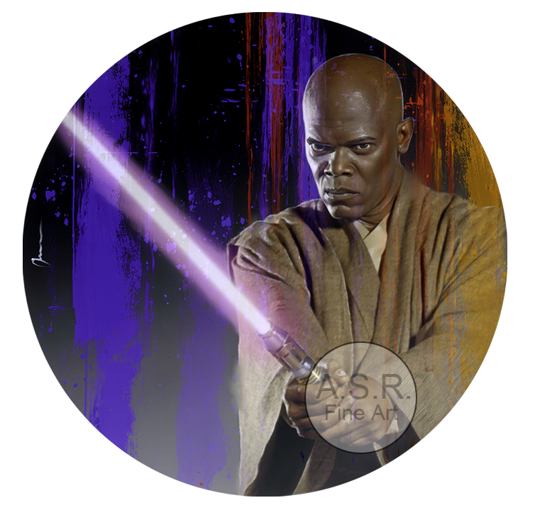  Samuel Jackson Star Wars  
Original Art on canvas executed with Airbrush, Acrylic and Ink 
Unique with embellishments, Diamond Dust finish 
 Hollywood Sign Metal DNA Starting at:  $5,995  
 Original Painting Co-signed by Samuel Jackson: 85,000 