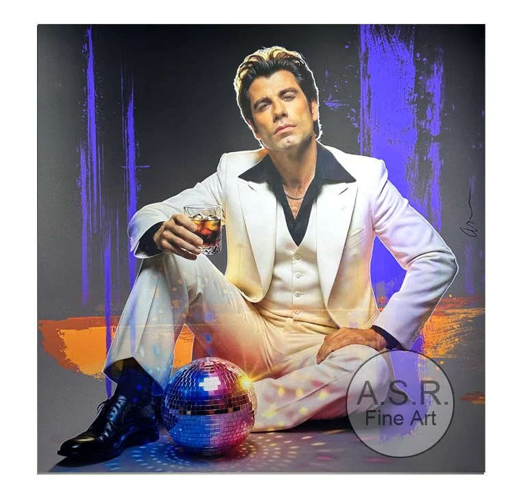  John Travolta Saturday Night Fever  
Original Art on canvas executed with Airbrush, Acrylic and Ink 
 25”x 25” Painting Framed With Hollywood Metal: $65,000 [Original: Available]  
 25” x 25” Co-signed Framed With Hollywood Metal: $26,000  
 20” x 2