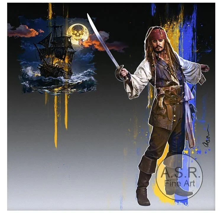  Johnny Depp Pirates Of The Caribbean  
Original Art on canvas executed with Airbrush, Acrylic and Ink 
Unique with embellishments, Diamond Dust finish 
 Hollywood Sign Metal DNA Starting at: $5,995  
 Original Painting Co-signed by Johnny Depp: $65,