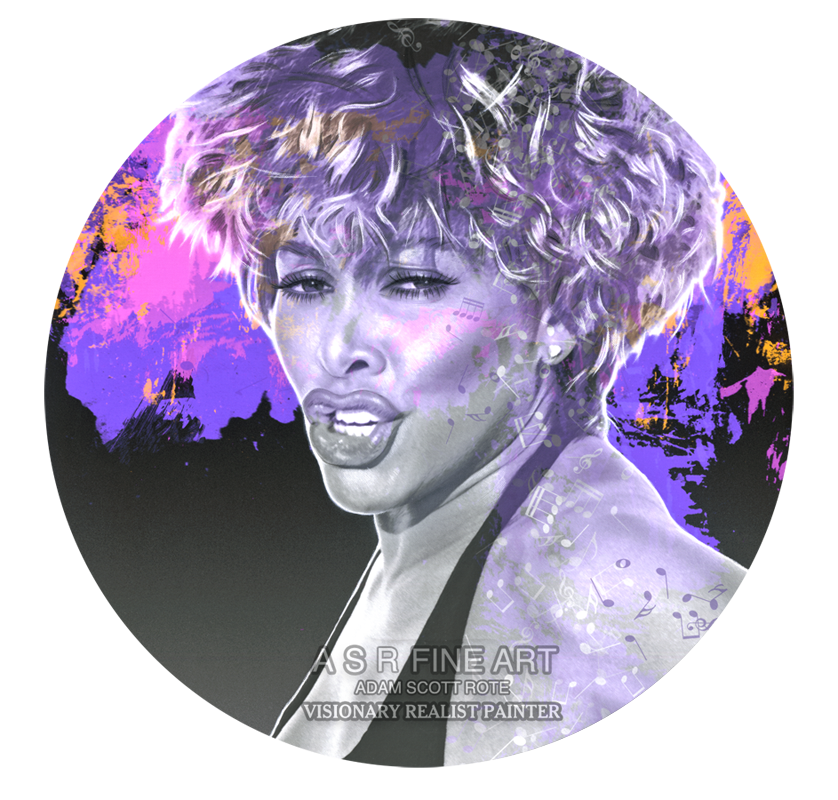  TINA TURNER ROUND UNIQUE ART  
Original art on canvas executed with airbrush, acrylic, and ink 
Unique with embellishments and diamond dust finish 
 Unique Starting @ $2995  
 Original Painting Available 