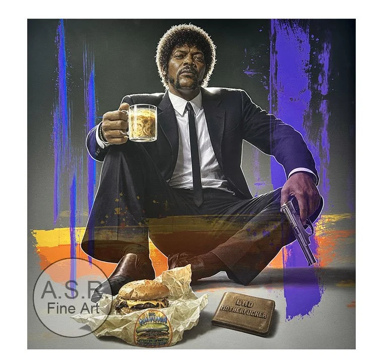  Samual L Jackson Pulp Fiction  
Original Art on canvas executed with Airbrush, Acrylic and Ink 
 25”x 25” Painting Framed With Hollywood Metal: $65,000 [Original: Available]  
 25” x 25” Co-signed Framed With Hollywood Metal: $26,000  
 20” x 20” Lm