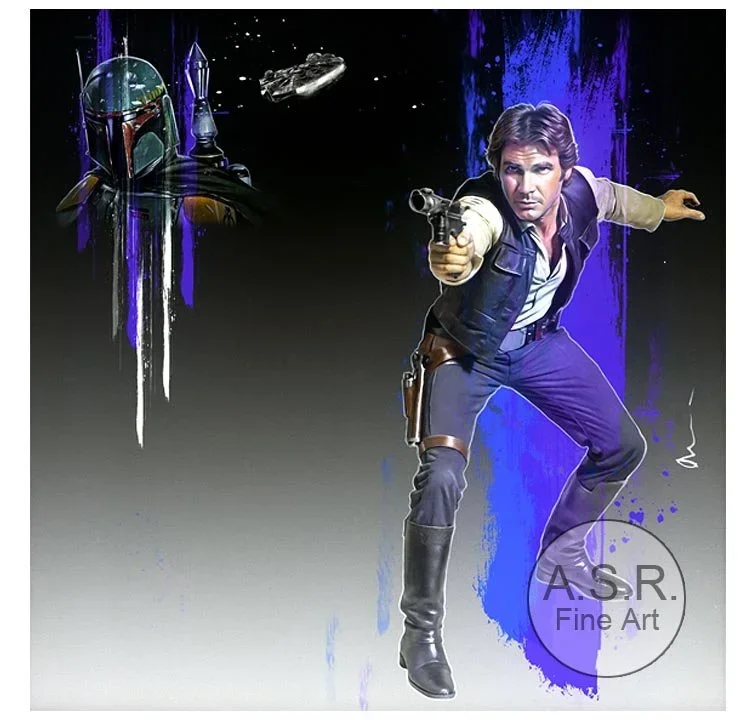  Harrison Ford Star Wars Boba Fett  
Original Art on canvas executed with Airbrush, Acrylic and Ink 
Unique with embellishments, Diamond Dust finish 
 Hollywood Sign Metal DNA Starting at: $5,995  
 Original Painting Co-signed by Harrison Ford: $65,0