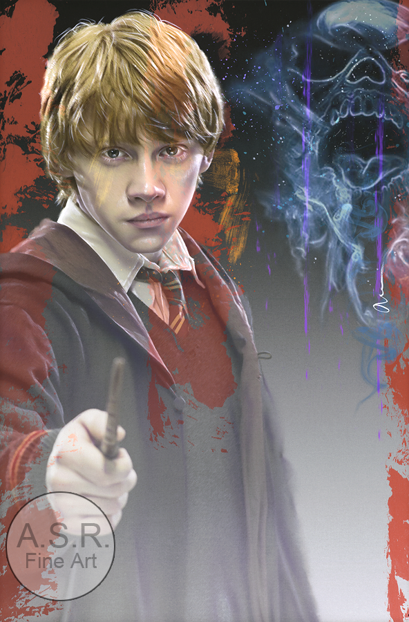  Rupert Grint Harry Potter Weasley  
Original Art on canvas executed with Airbrush, Acrylic and Ink 
Unique with embellishments, Diamond Dust finish 
 Hollywood Sign Metal DNA Starting at: $5,995  
 Original Co-signed by Rupert Grint: $65,000 