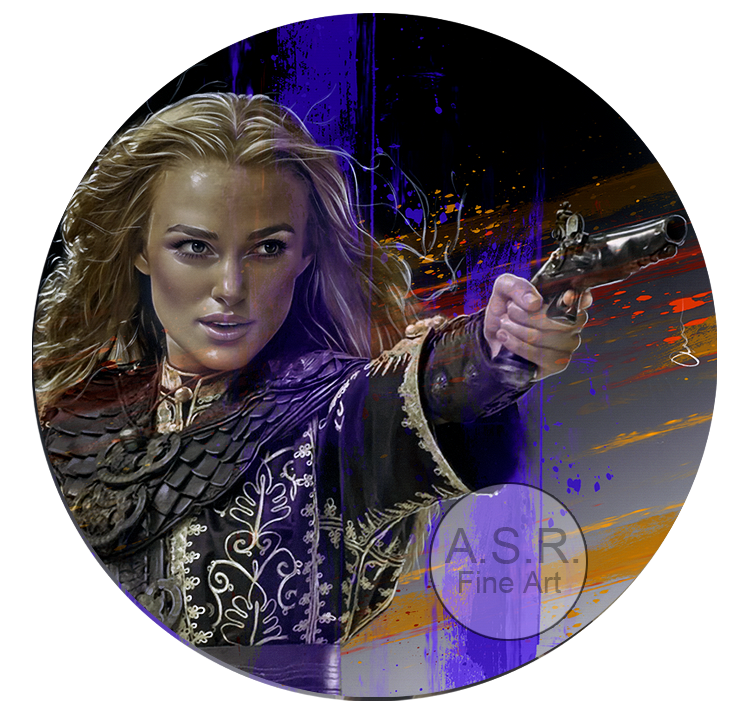  Keira Knightly Pirates Of The Carribean  
Original Art on canvas executed with Airbrush, Acrylic and Ink 
Unique with embellishments, Diamond Dust finish 
 Hollywood Sign Metal DNA/Unique Starting at: $5,995  
 Original Painting Co-signed by Keira K