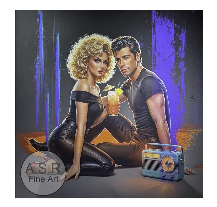  John Travolta Grease  
Original Art on canvas executed with Airbrush, Acrylic and Ink 
 25”x 25” Painting Framed With Hollywood Metal: $65,000 [Original: Available]  
 25” x 25” Co-signed Framed With Hollywood Metal: $26,000  
 20” x 20” Lmtd. Ed. S