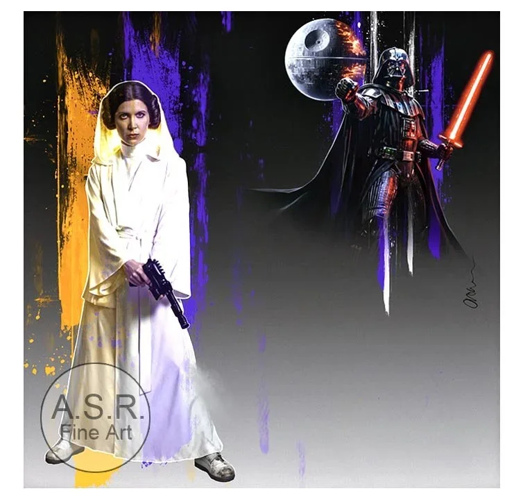  Carrie-Fisher-Daddy Issues  
Original Art on canvas executed with Airbrush, Acrylic and Ink 
Unique with embellishments, Diamond Dust finish 
 Hollywood Sign Metal DNA Starting at: $5,995  
 Original Painting: $85,000 