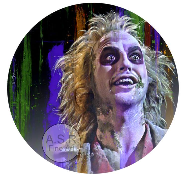  Michael Keaton Beatlejuice  
Original Art on canvas executed with Airbrush, Acrylic and Ink 
Unique with embellishments, Diamond Dust finish 
 Hollywood Sign Metal DNA Starting at: $5,995  
 Original Painting Co-signed by Michael Keaton: $65,000 SOL