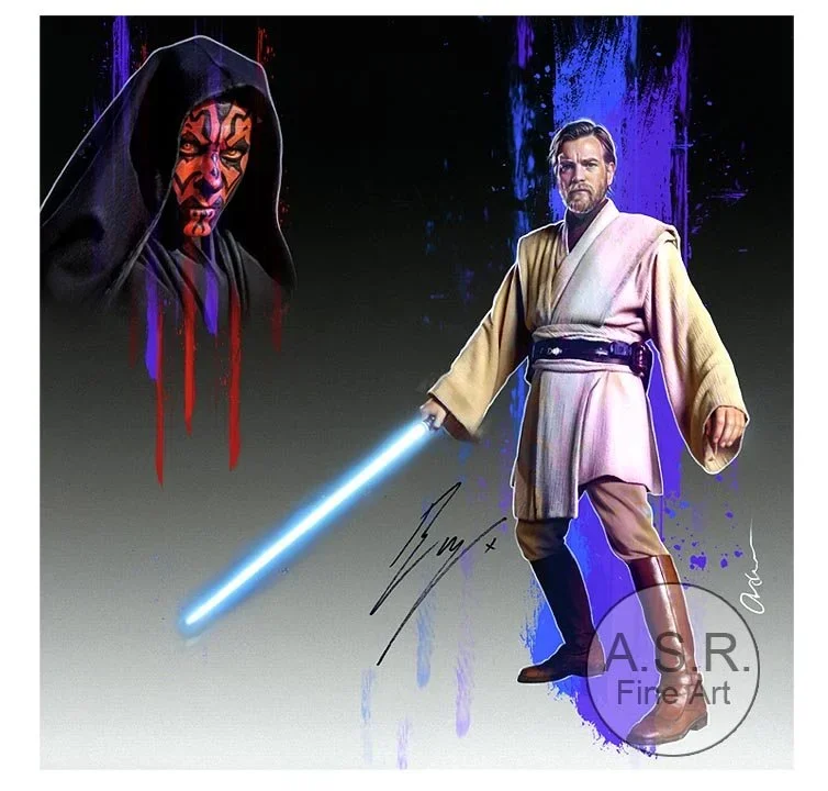  Ewan McGregor Darth Maul  
Original Art on canvas executed with Airbrush, Acrylic and Ink 
Unique with embellishments, Diamond Dust finish 
 Hollywood Sign Metal DNA Unique Starting at:  $5,995  
 Original Painting Co-signed by Ewan McGregor: $65,00