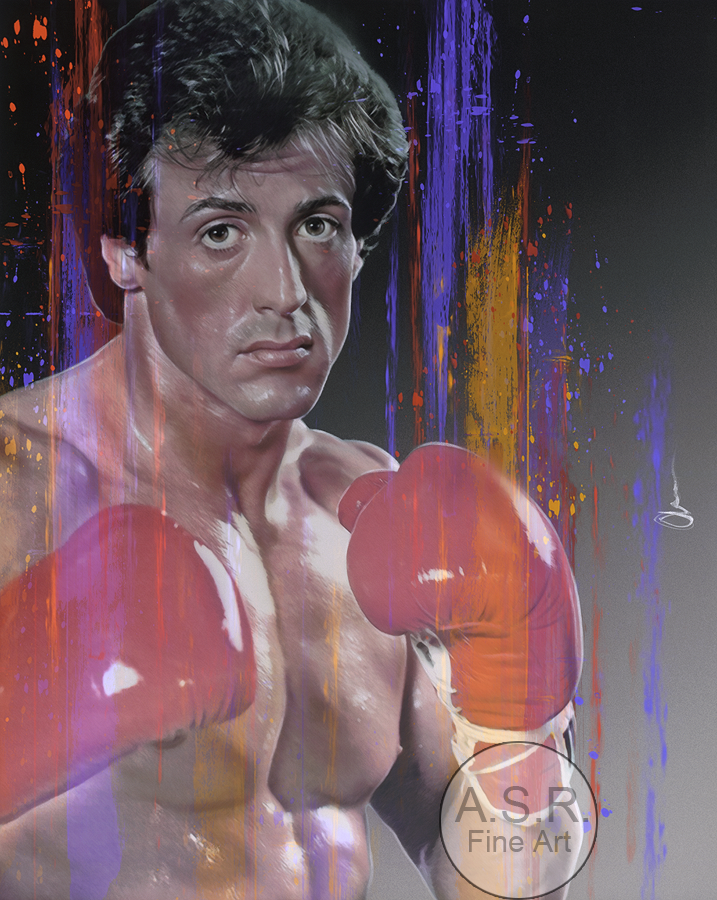  Sylvester Stallone “Rocky” Hollywood Sign Painting  
Original Art on canvas executed with Airbrush, Acrylic and Ink 
Unique with Swarovski Crystals, Diamond Dust finish, and Hollywood Sign Metal 
 Unique Starting at: $13,500  
 Original Co-Signed By