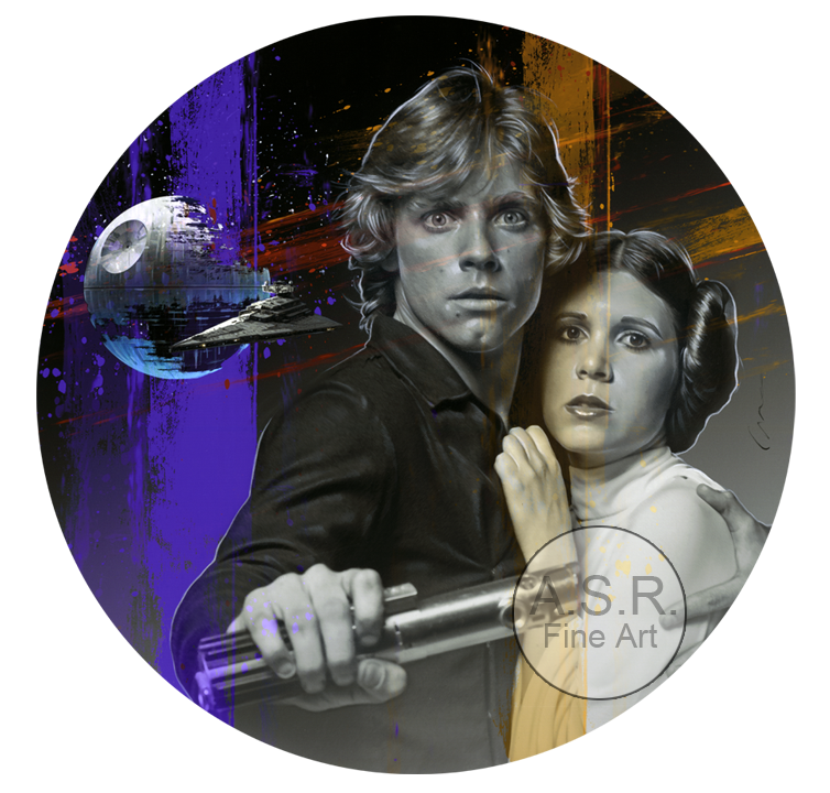  Mark Hamill Star Wars  
Original Art on canvas executed with Airbrush, Acrylic and Ink 
Unique with embellishments, Diamond Dust finish 
 30" Unique $32,500.00  
 Original Painting Co-signed by Mark Hamill: $65,000.00 SOLD 