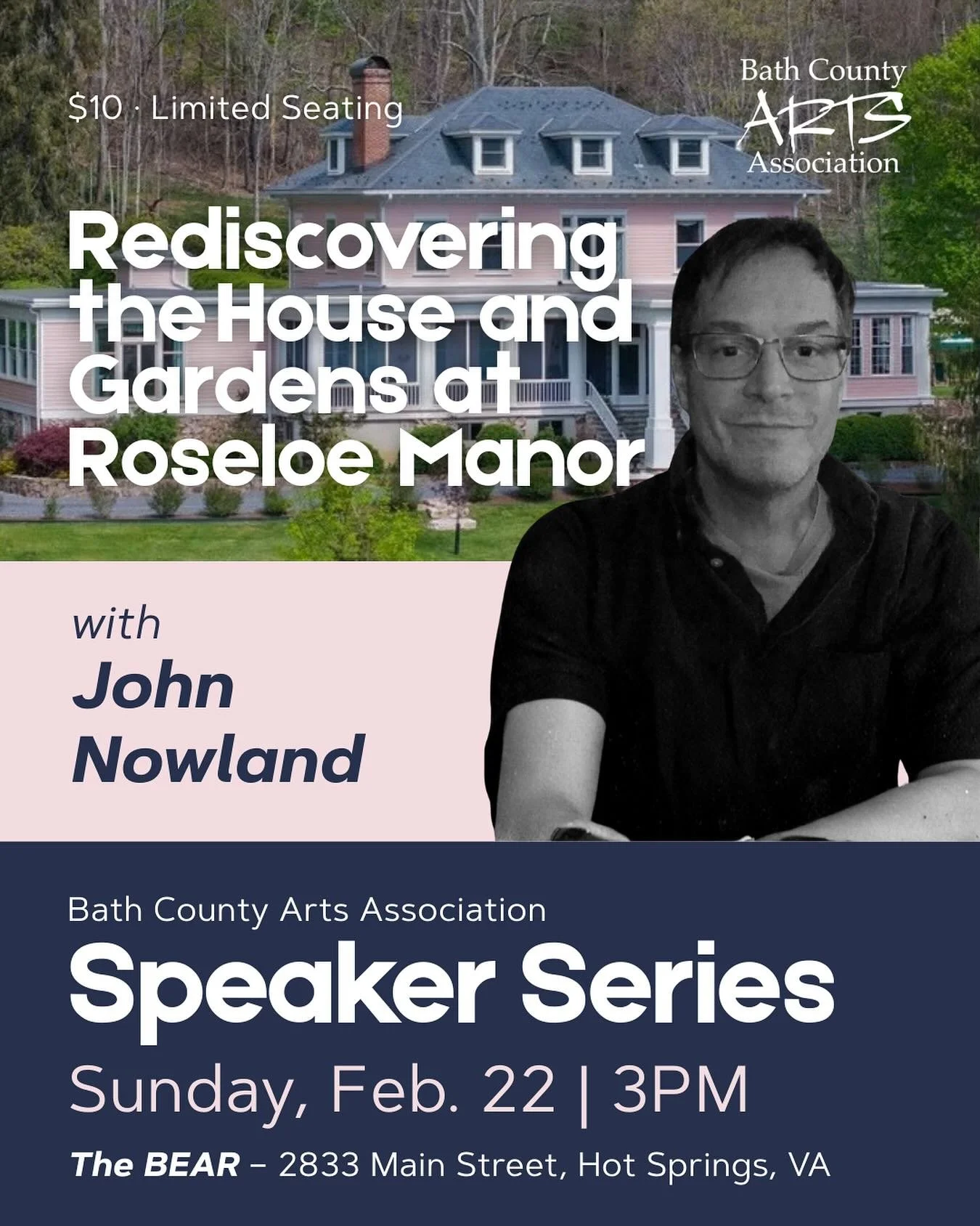 Perched atop Routier Hill with commanding views of the Warm Springs valley, Roseloe Manor is one of Bath County&rsquo;s most enchanting homes. During the presentation, John Nowland will share interesting facts about the history of the house and its t