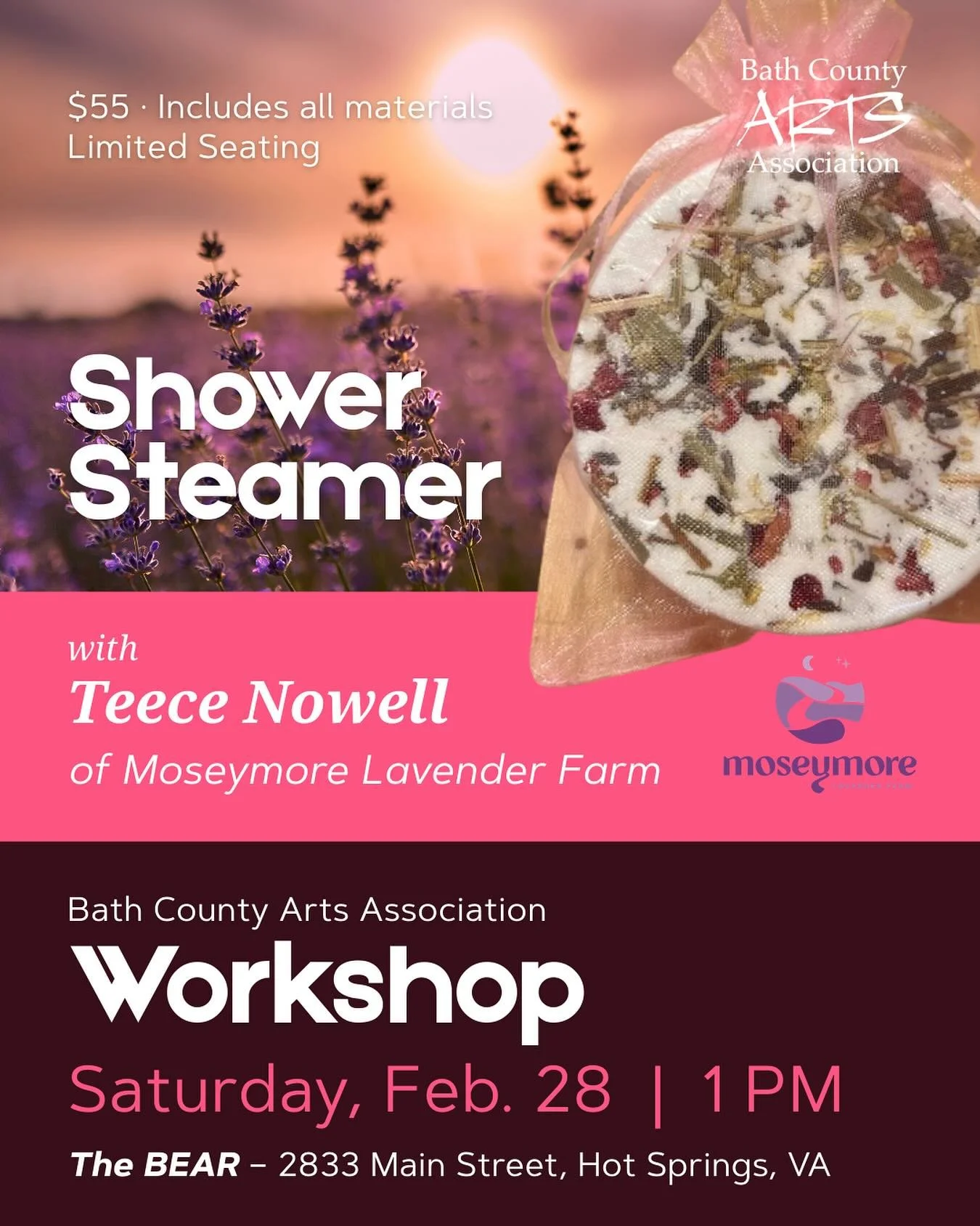 Shake off the winter blues with a little handmade self-care! In this cozy workshop, Teece Nowell of Moseymore Farms will guide you step-by-step in creating your own soothing shower steamer. Aromatherapy meets creativity in this relaxing, winter-perfe