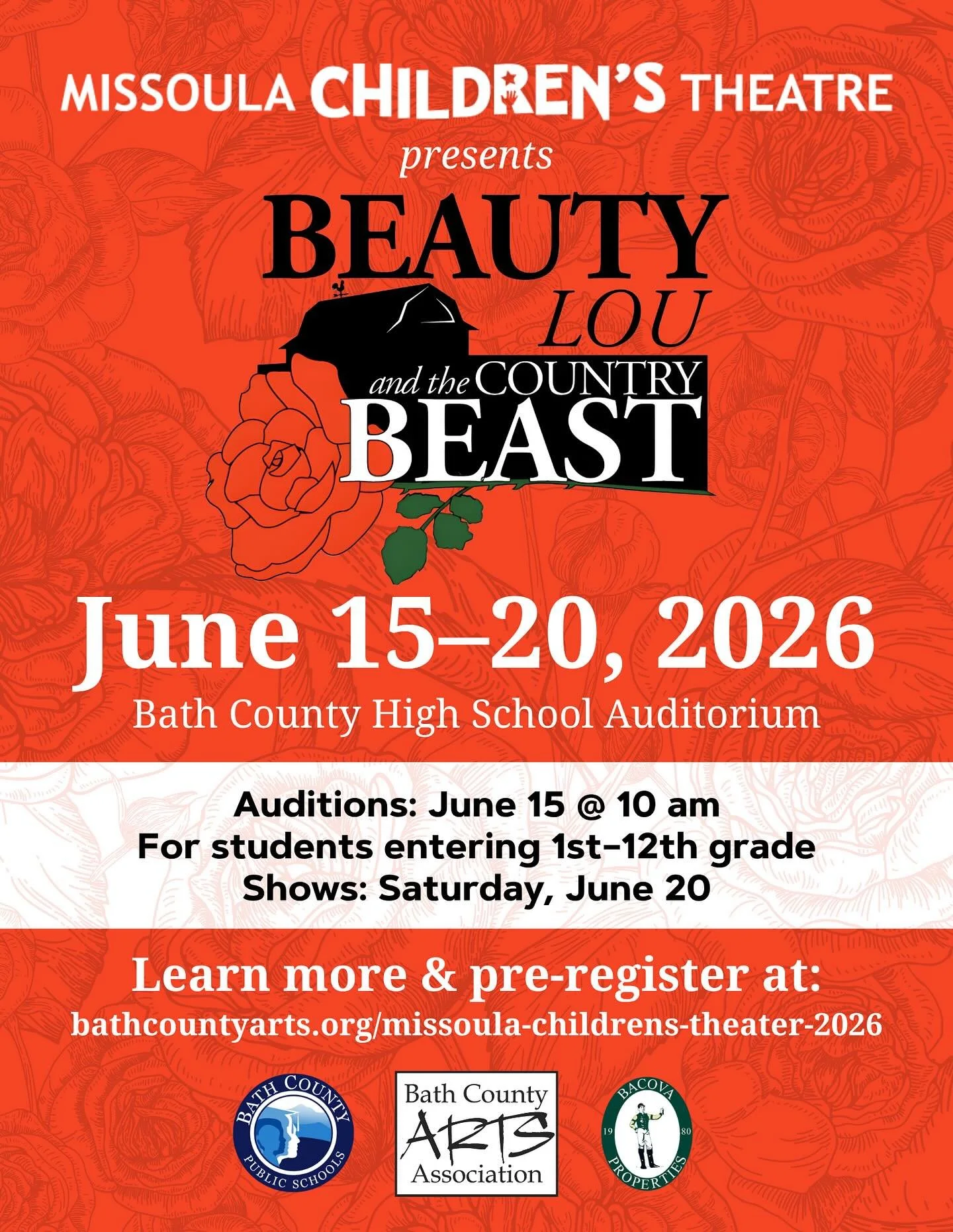 Big news, Bath County! 🌹 BCAA is thrilled to bring Missoula Children&rsquo;s Theatre back to Bath County &mdash; and this year&rsquo;s production is one you won&rsquo;t want to miss!

Missoula Children&rsquo;s Theatre presents: Beauty Lou and the Co